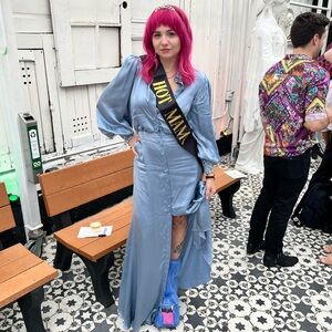 Blue Satin Dress with bee embroidery